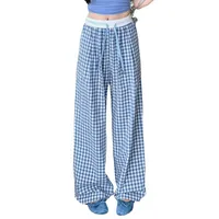 Contrast Black And White Plaid Wide Leg Pants Women's Hanging Loose Drawstring Loose High Waist Casual Pants Pink Wide Leg Pants main image 4