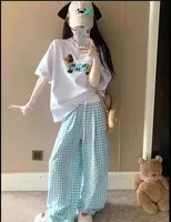 Contrast Black And White Plaid Wide Leg Pants Women's Hanging Loose Drawstring Loose High Waist Casual Pants Pink Wide Leg Pants sku image 3