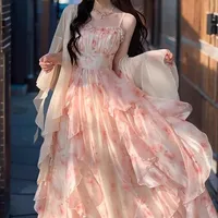 Elegant Heavy Industry Simi-Dye Printed Waisted Slimming Ruffled Slip Skirt Women's Summer Fairy Cardigan Suit Two-piece Set main image 1