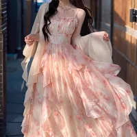 Elegant Heavy Industry Simi-Dye Printed Waisted Slimming Ruffled Slip Skirt Women's Summer Fairy Cardigan Suit Two-piece Set sku image 6
