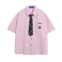 Jiayiku Men's  New American Retro Campus Fashion Couple Striped Tie Shirt Short Sleeve For Men And Women main image 3