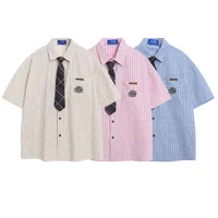Jiayiku Men's  New American Retro Campus Fashion Couple Striped Tie Shirt Short Sleeve For Men And Women main image 5