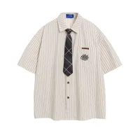 Jiayiku Men's  New American Retro Campus Fashion Couple Striped Tie Shirt Short Sleeve For Men And Women sku image 1