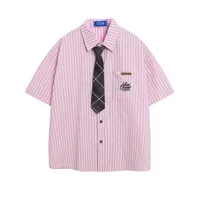 Jiayiku Men's  New American Retro Campus Fashion Couple Striped Tie Shirt Short Sleeve For Men And Women sku image 6
