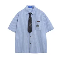Jiayiku Men's  New American Retro Campus Fashion Couple Striped Tie Shirt Short Sleeve For Men And Women sku image 8