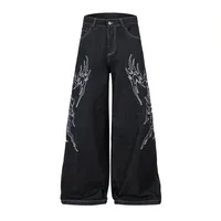 Jiayiku Men's  New Jeans American High Street RO Style Advanced Embroidered Jeans Wide Leg Pants sku image 4
