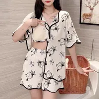 With Chest Pad Explosions Pajamas Women's Summer Thin Short-sleeved Shorts Cartoon Cute Women's Buttons Home Clothes Suit main image 1