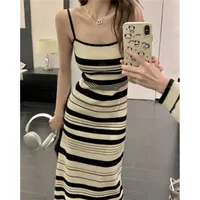 New Style Contrast Color Knitted Striped Sling Dress Women's Summer Loose Straight Slim Look Long Dress Pure Desire Trendy main image 2