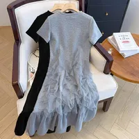 Mesh Stitching  Summer Short-sleeved New Arrival Skirt Grey Fashionable Elegant Mid-long Chubby Large Size Dress main image 1
