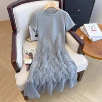 Mesh Stitching  Summer Short-sleeved New Arrival Skirt Grey Fashionable Elegant Mid-long Chubby Large Size Dress main image 2
