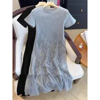 Mesh Stitching  Summer Short-sleeved New Arrival Skirt Grey Fashionable Elegant Mid-long Chubby Large Size Dress main image 3