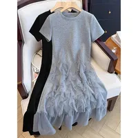 Mesh Stitching  Summer Short-sleeved New Arrival Skirt Grey Fashionable Elegant Mid-long Chubby Large Size Dress main image 4