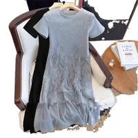 Mesh Stitching  Summer Short-sleeved New Arrival Skirt Grey Fashionable Elegant Mid-long Chubby Large Size Dress main image 5