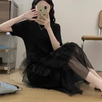 Mesh Stitching  Summer Short-sleeved New Arrival Skirt Grey Fashionable Elegant Mid-long Chubby Large Size Dress sku image 8