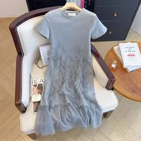 Mesh Stitching  Summer Short-sleeved New Arrival Skirt Grey Fashionable Elegant Mid-long Chubby Large Size Dress sku image 15