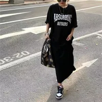 Hong Kong-style Summer Short-sleeved T-shirt Dress Women's New-style Loose Slimming Crewneck Letter Printed Mid-length Over-the-knee Dress sku image 8