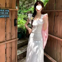 French Style Floral Dot Flying Sleeve Square Collar Sling Dress Women's  New Summer Elegant Waist Long Dress main image 1