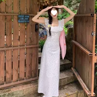 French Style Floral Dot Flying Sleeve Square Collar Sling Dress Women's  New Summer Elegant Waist Long Dress main image 2