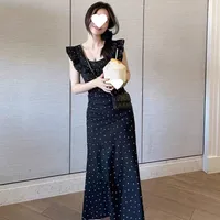 French Style Floral Dot Flying Sleeve Square Collar Sling Dress Women's  New Summer Elegant Waist Long Dress sku image 11