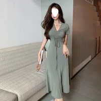 French-Style Niche Over-The-Knee Long Dress With A Cinched Waist, Ankle-Length Slit, Mature And Elegant V-Neck Drawstring Ruffle Dress For Summer main image 1