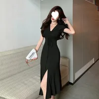 French-Style Niche Over-The-Knee Long Dress With A Cinched Waist, Ankle-Length Slit, Mature And Elegant V-Neck Drawstring Ruffle Dress For Summer main image 2