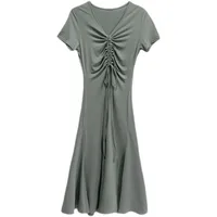 French-Style Niche Over-The-Knee Long Dress With A Cinched Waist, Ankle-Length Slit, Mature And Elegant V-Neck Drawstring Ruffle Dress For Summer main image 4