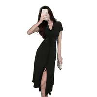 French-Style Niche Over-The-Knee Long Dress With A Cinched Waist, Ankle-Length Slit, Mature And Elegant V-Neck Drawstring Ruffle Dress For Summer main image 5