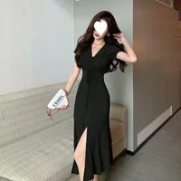 French-Style Niche Over-The-Knee Long Dress With A Cinched Waist, Ankle-Length Slit, Mature And Elegant V-Neck Drawstring Ruffle Dress For Summer sku image 14