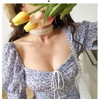 French  Dress Women's Summer New Style Floral Sleeves Showing Lace-Up Waist Elegant Bubble Short Skirt Retro main image 1