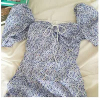 French  Dress Women's Summer New Style Floral Sleeves Showing Lace-Up Waist Elegant Bubble Short Skirt Retro main image 2