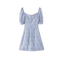 French  Dress Women's Summer New Style Floral Sleeves Showing Lace-Up Waist Elegant Bubble Short Skirt Retro sku image 4