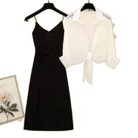 Plus Size Women's Clothing  New Summer Fat Slimming Suit Light Mature Style Chiffon Shirt Suspender Dress Two-Piece Set main image 5