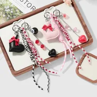 New Miu Style Sweet Stylish Couple Leather Heart Bow Black 8 Resin Strawberry DIY Keychain main image 1