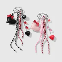 New Miu Style Sweet Stylish Couple Leather Heart Bow Black 8 Resin Strawberry DIY Keychain main image 2