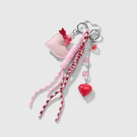 New Miu Style Sweet Stylish Couple Leather Heart Bow Black 8 Resin Strawberry DIY Keychain main image 4
