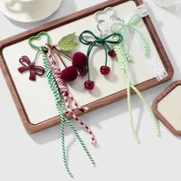 New Miu Style Fresh And Sweet High Color Value Beaded Bow Resin Fine Flash Suede Cherry DIY Keychain main image 1