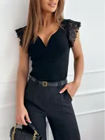 Wish Independent Station Hot Sale Summer Lace Sleeveless Deep V-Neck T-Shirt sku image 6