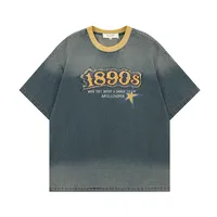 Jiayiku Men's  Summer American Retro Trendy Brand Embroidered Tee Hanging Dye Washed Denim Short-sleeved T-shirt For Men And Women main image 1