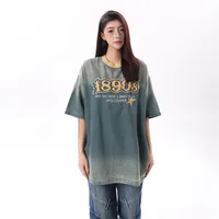 Jiayiku Men's  Summer American Retro Trendy Brand Embroidered Tee Hanging Dye Washed Denim Short-sleeved T-shirt For Men And Women main image 2