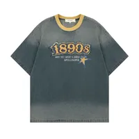 Jiayiku Men's  Summer American Retro Trendy Brand Embroidered Tee Hanging Dye Washed Denim Short-sleeved T-shirt For Men And Women sku image 1