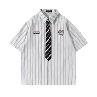 Jiayiku Men's  Summer New American College Cleanfit Striped Shirt Antique Embroidered Shirt main image 1