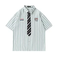 Jiayiku Men's  Summer New American College Cleanfit Striped Shirt Antique Embroidered Shirt main image 2