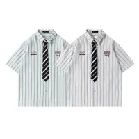 Jiayiku Men's  Summer New American College Cleanfit Striped Shirt Antique Embroidered Shirt main image 5
