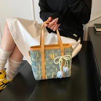 Women's Pu Leather Denim Color Block Streetwear Square Zipper Shoulder Bag main image 4