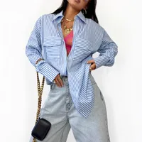 Hot Selling Spring And Summer Long Sleeve Striped Loose Shirt Striped Double Pocket Top main image 2