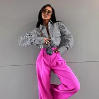 Hot Selling Spring And Summer Long Sleeve Striped Loose Shirt Striped Double Pocket Top main image 3