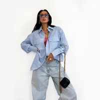 Hot Selling Spring And Summer Long Sleeve Striped Loose Shirt Striped Double Pocket Top main image 5