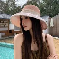 New Style Summer New Hat Female Sweet Temperament Mesh Floral Fisherman Hat Lace Ribbon Bow Sun Hat sku image 1