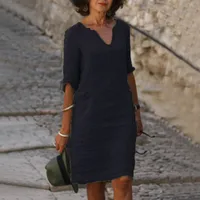 No Pocket    Cotton And Linen Wash Wrinkle V-neck Loose Retro Solid Color Half Sleeve Dress Women main image 4