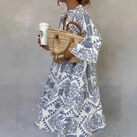 Women's Adults Super Large Swing Skirt Vacation V Neck Pullovers Ruffles Long Sleeve Plant Flowers Midi Dress Club Date Tea Party main image 1